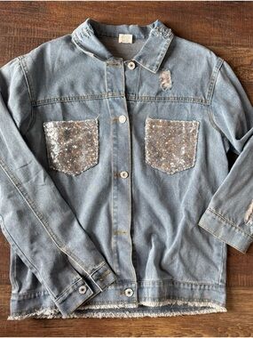 Light Wash Denim Jacket with Sequin Patch Pockets